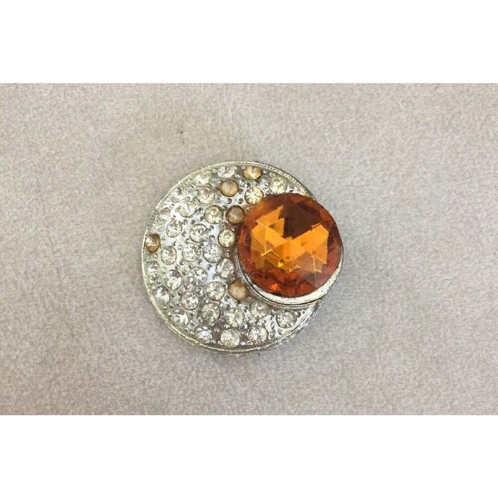 Vintage Amber Paste Rhinestone Sun Moon Metal Pin Pinback Costume Jewelry Brooch